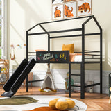 Slide and Chalkboard, Low Loft Bed Twin Size, Metal House Bed with Guardrail and Ladder, Metal Twin Size Loft Bed for Kids Teens Girls Boys (Twin, Black)