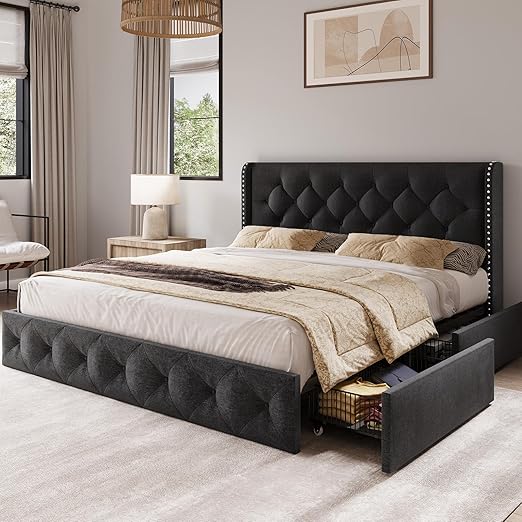 Queen Size Platform Bed Frame with 4 Storage Drawers and Wingback, Modern Linen