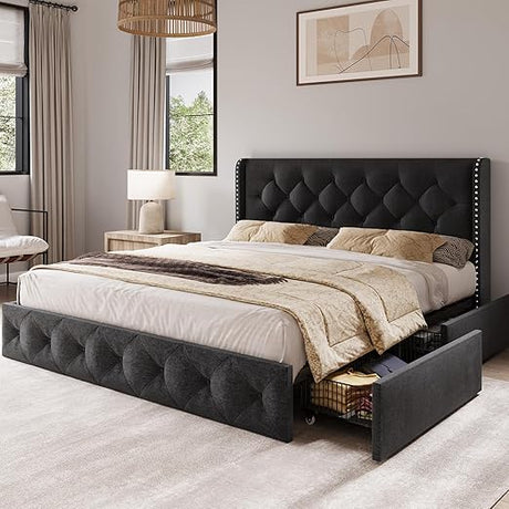 Queen Size Platform Bed Frame with 4 Storage Drawers and Wingback, Modern Linen