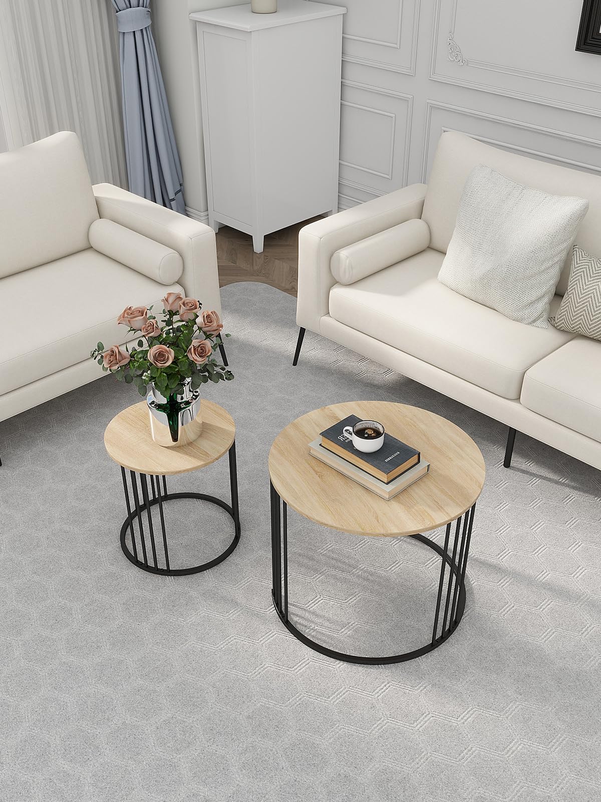 Nesting Coffee Table Set of 2, Round Table, Morden End Side Table Night Stand