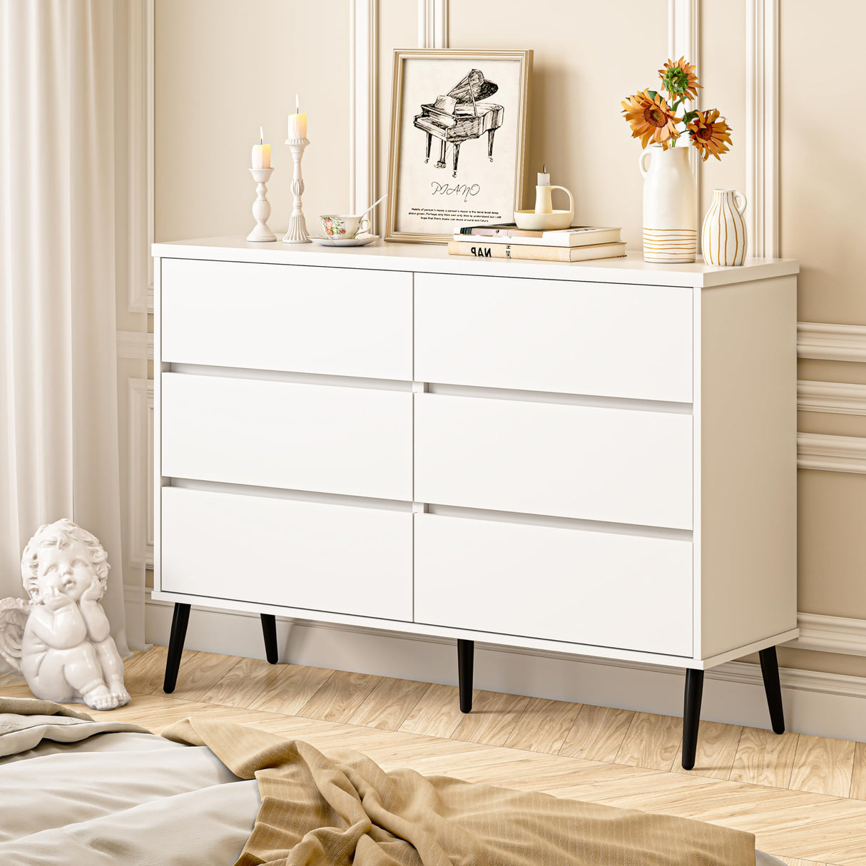 White Dresser for Bedroom, 6 Drawer Modern Double Dresser with Invisible Handles