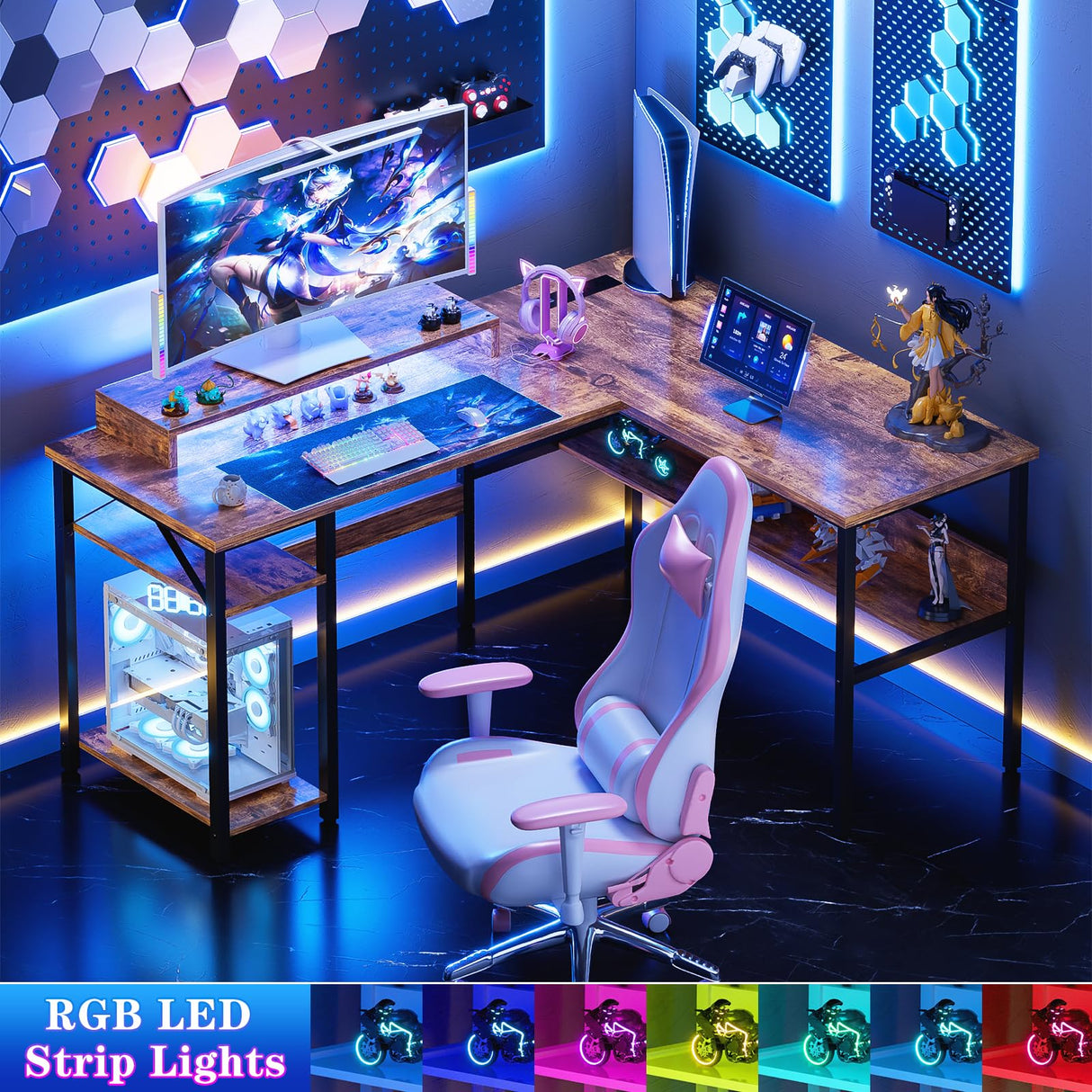 L Shaped Computer Desk with Magic Power Outlets and Smart LED Light