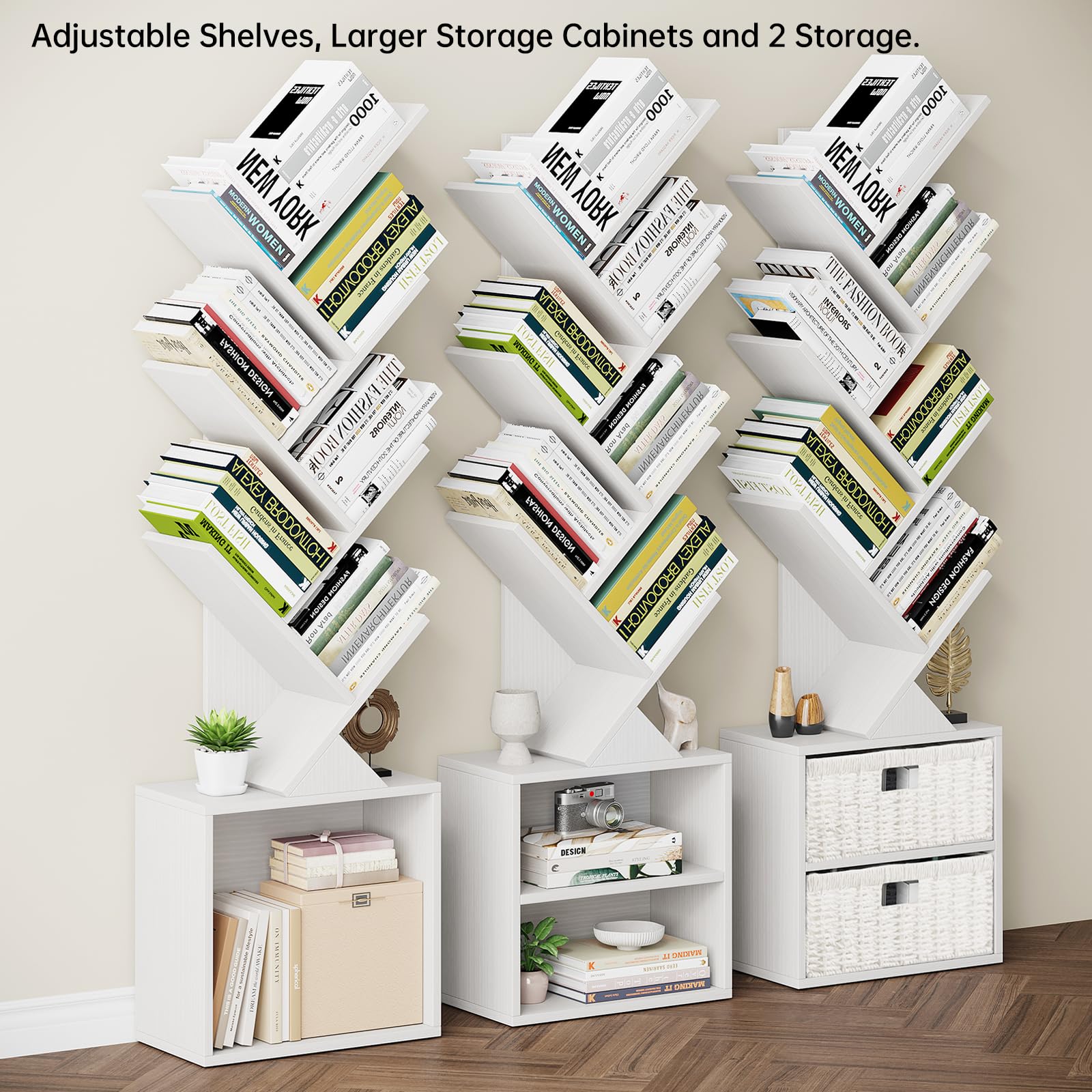6 Tier Tree Bookshelf, Modern Floor Standing Bookcase with Storage Drawer, Space Saving Storage Organizer Book Shelves for Books, Tall Wood Storage Rack for Bedroom/Living Room/Home Office
