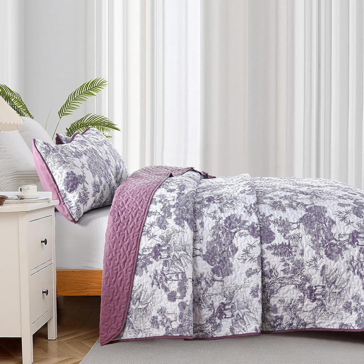 Botanical Quilt Set Queen Size, Purple 3 Pieces Floral Plants Printed