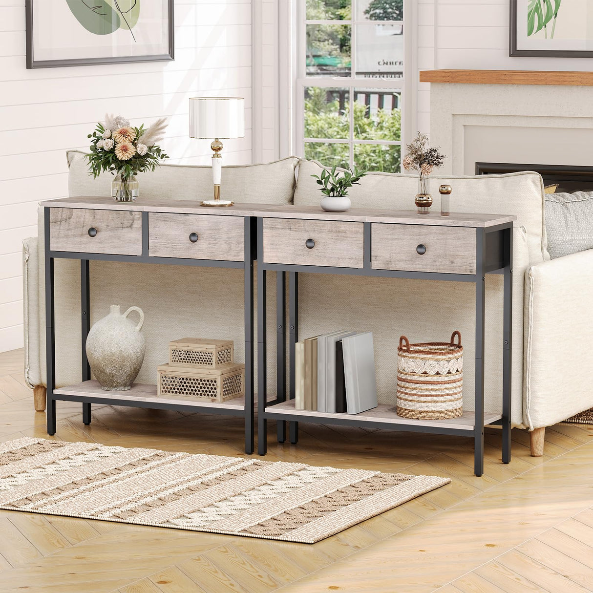 29.5" Narrow Console Table with 2 Fabric Drawers, Small Entryway Table