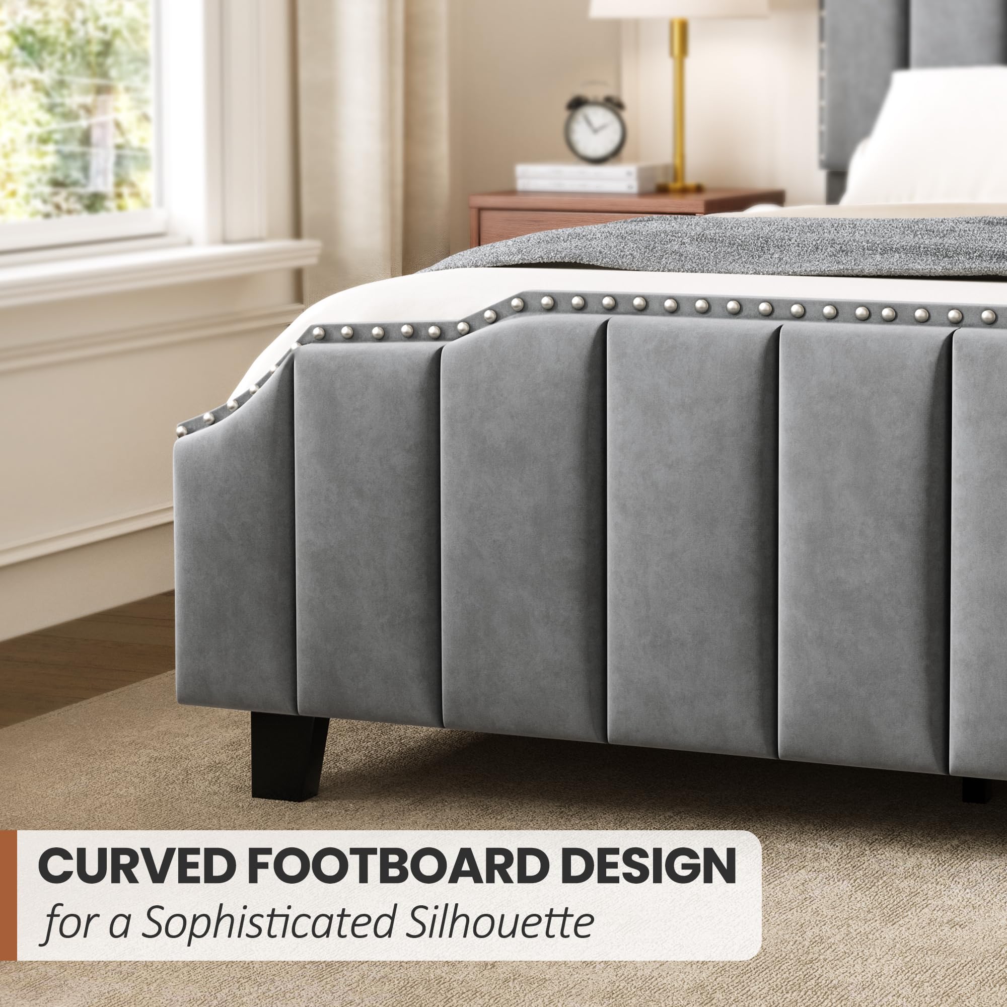 Grey Queen Upholstered Platform Bed Frame with Tall Tufted Headboard