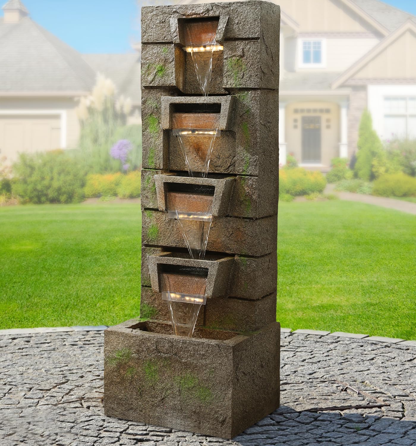 41.1" Outdoor Water Fountains Modern Fountain with LED Lights with Water Pump 4 Tier