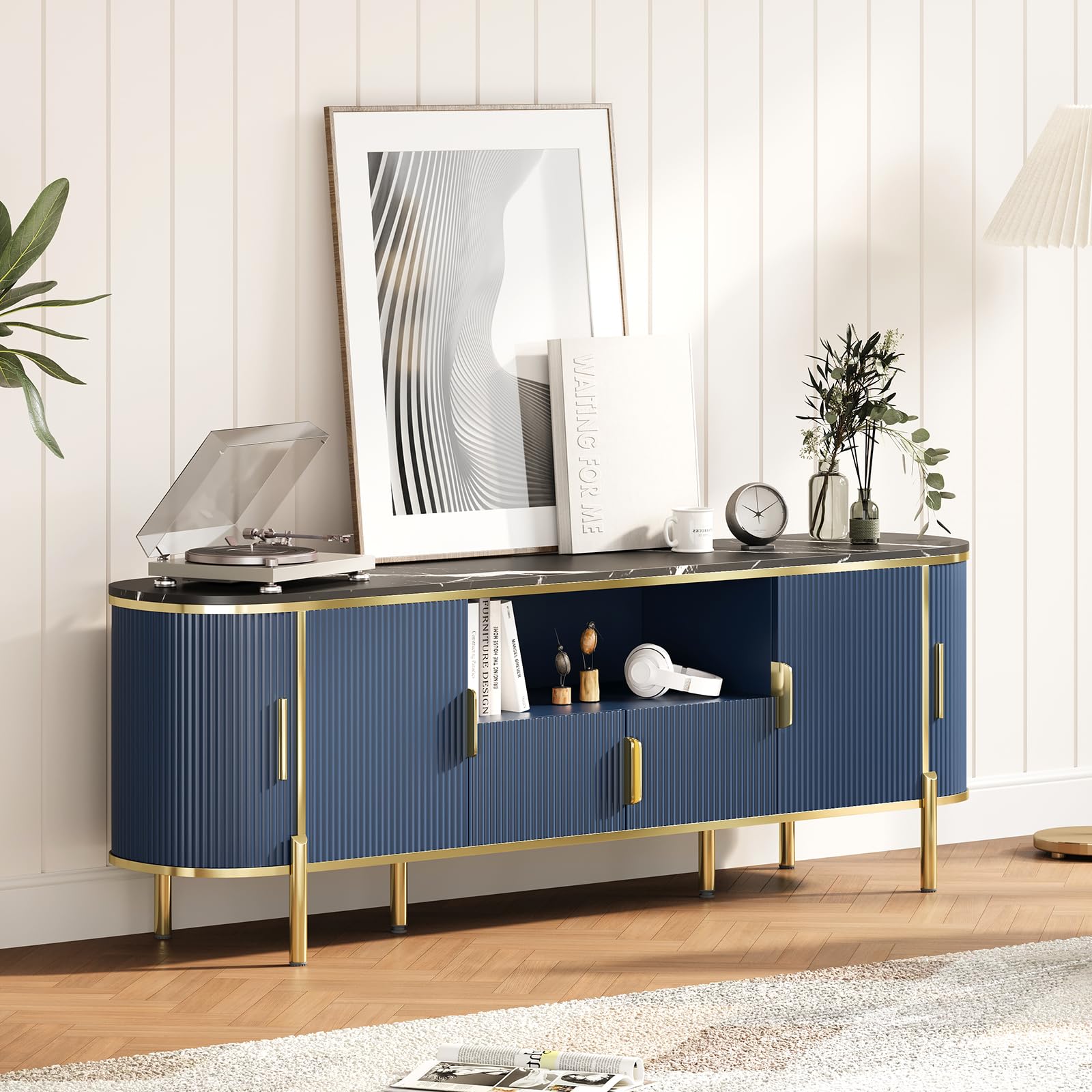 70-Inch Fluted TV Stand with Faux Marble Top - Navy Blue