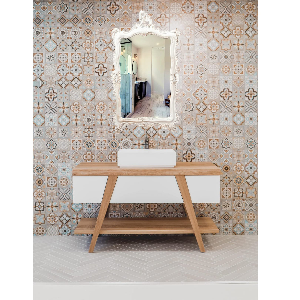 Mirror Wall Mirror Shabby Style in Wood with Antique White Finish Measures L66xDP7xH118