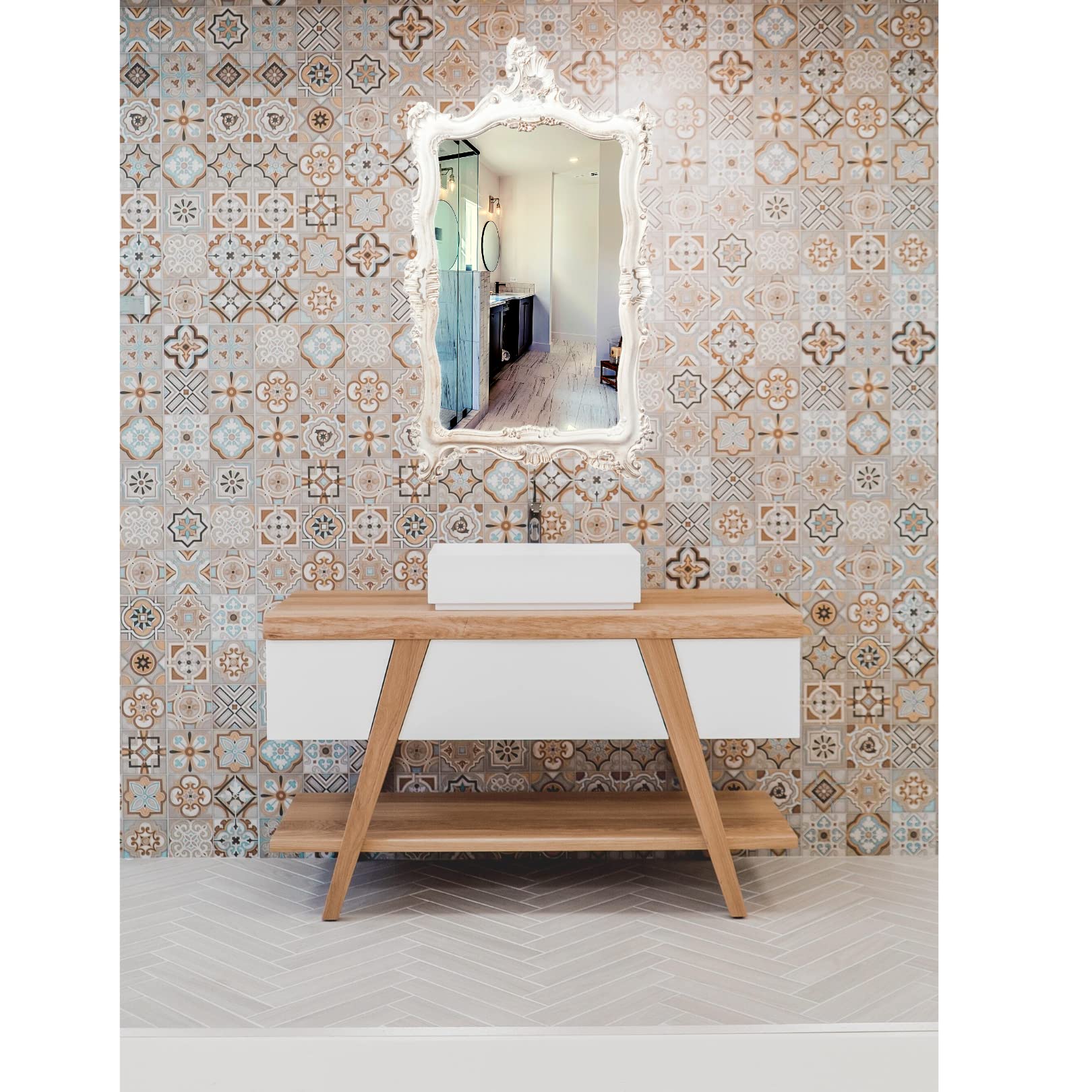Mirror Wall Mirror Shabby Style in Wood with Antique White Finish Measures L66xDP7xH118