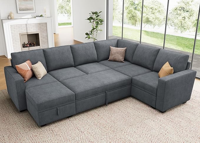 Modular Sectional Sleeper Sofa with Pull Out Bed, Corduroy Sectional Couch with Storage Seats Ottoman