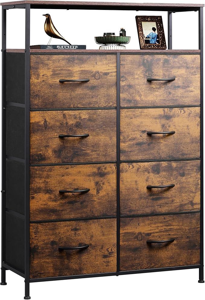 Fabric Dresser for Bedroom with Open Shelves, Tall Dresser with 8 Drawers,