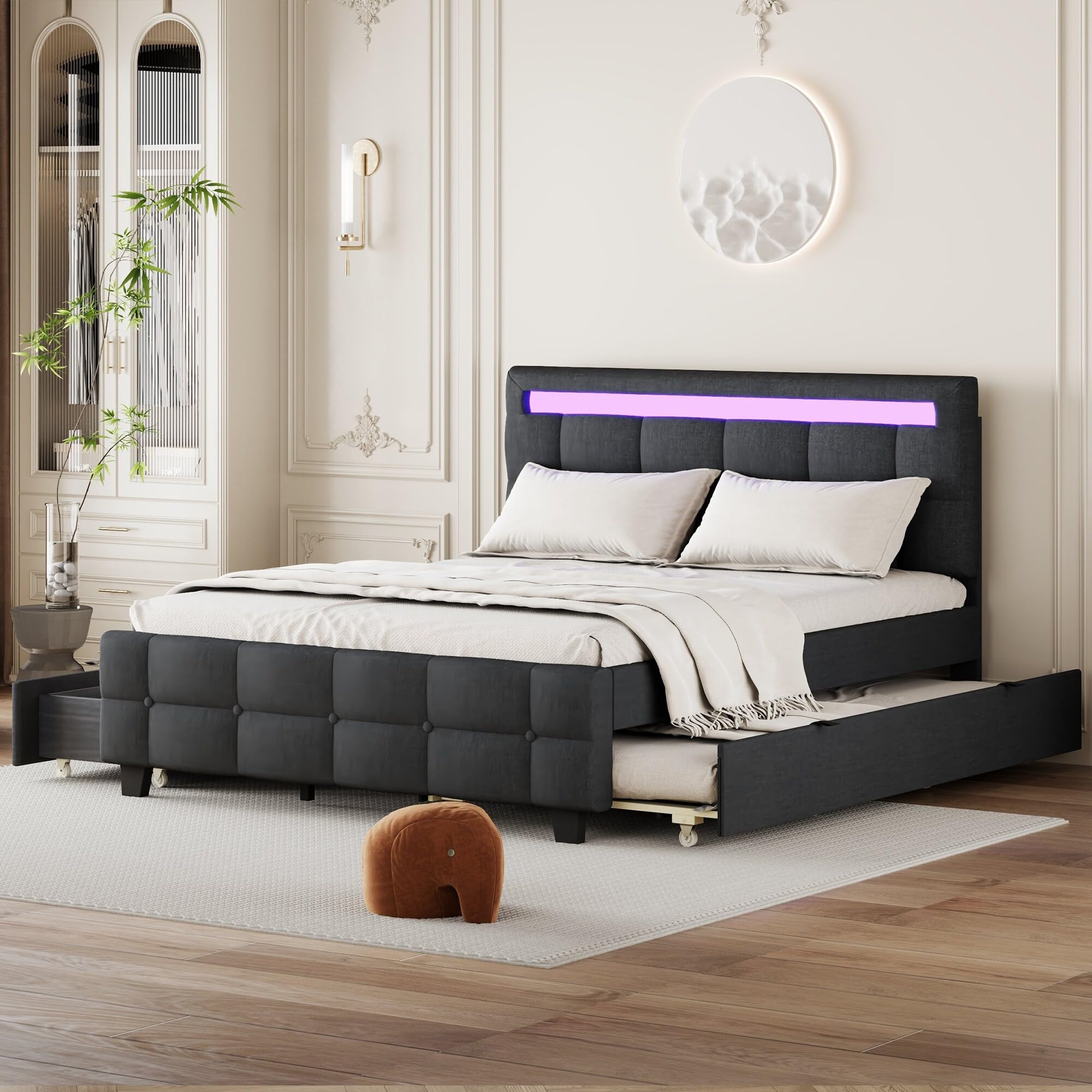 Upholstered Platform Bed with LED Frame Grey - Queen