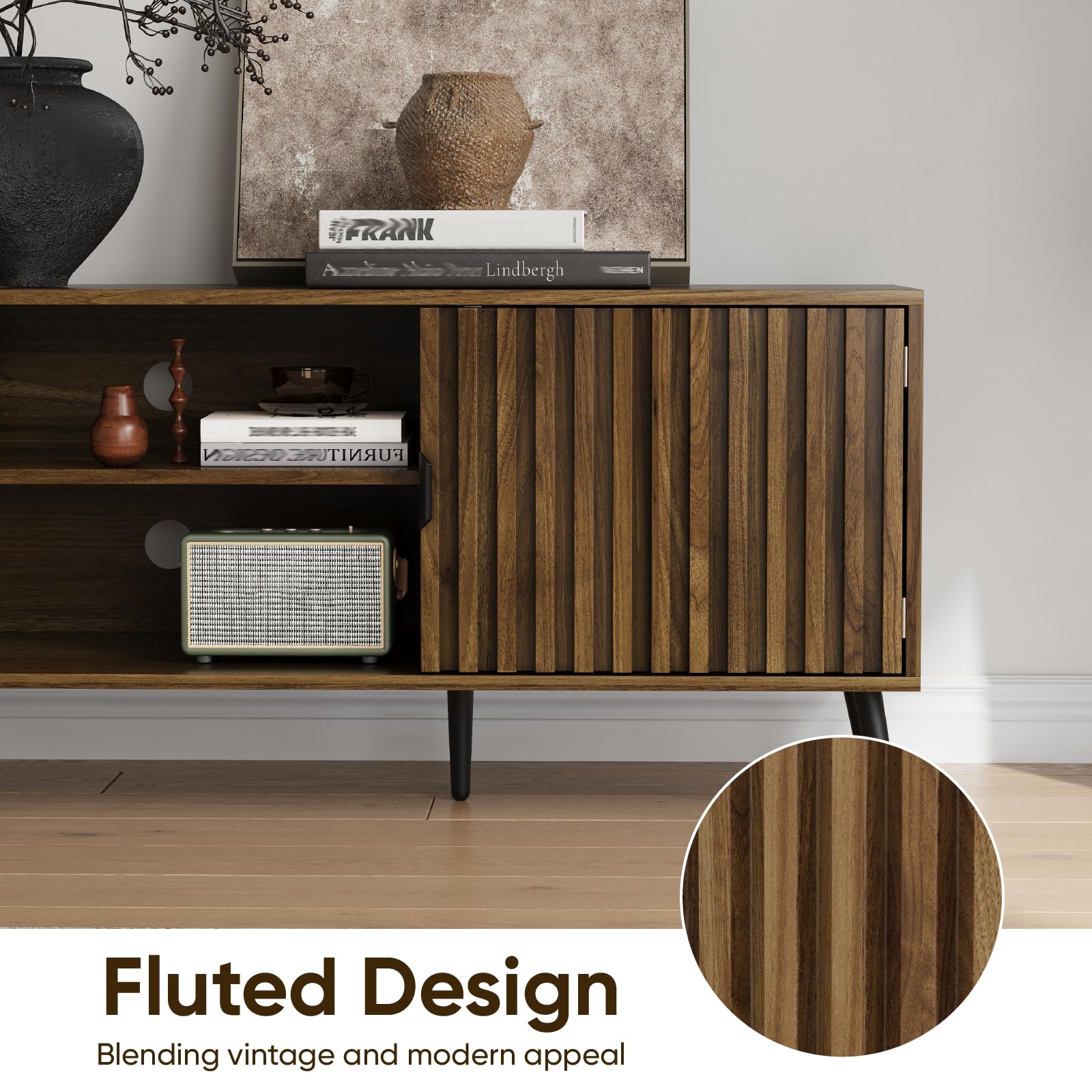 63" Walnut Fluted TV Stand with Storage Cabinets