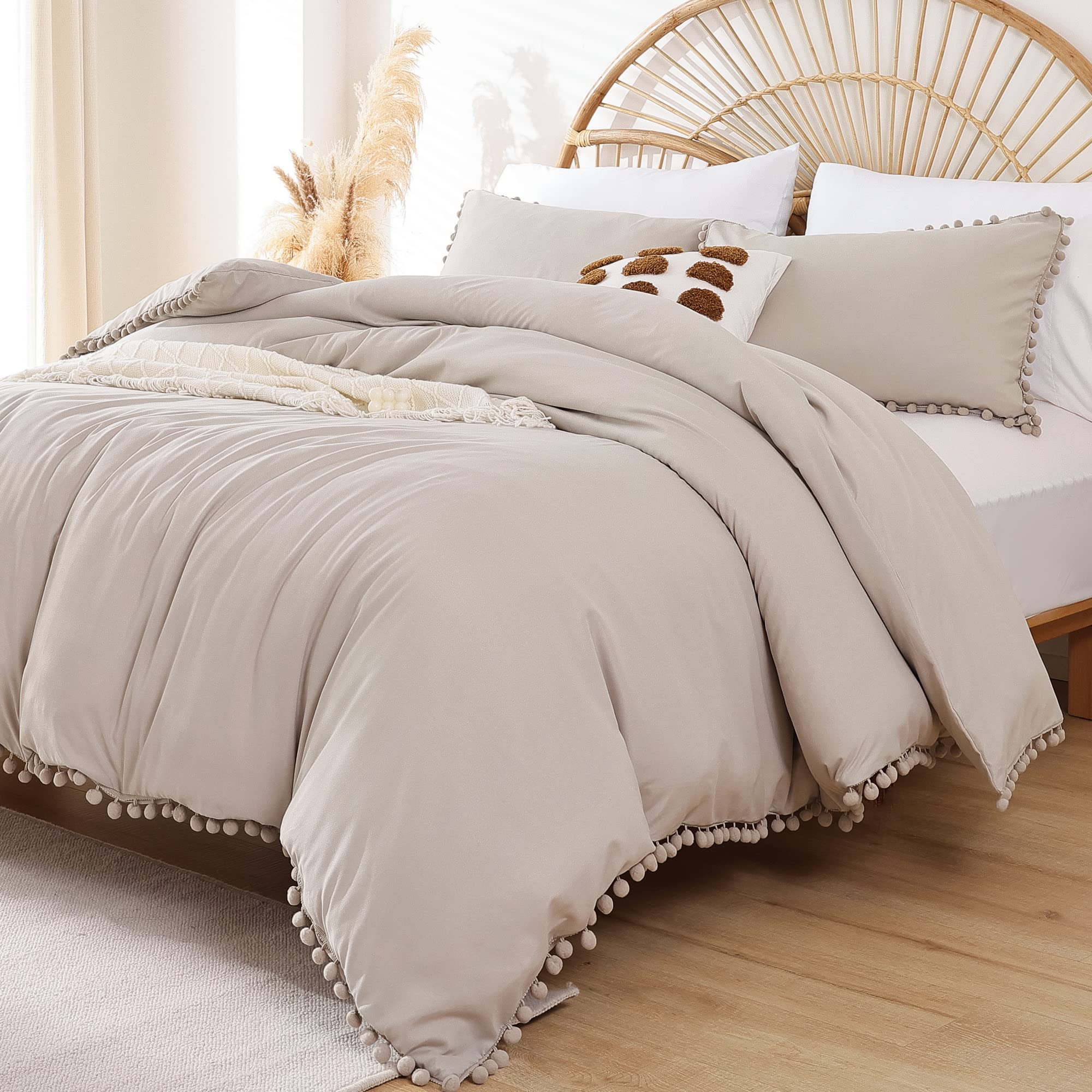 Queen Comforter Set - Comforter Queen Size Sets with Ball Pom Fringe, Soft Bedding Set