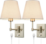 Gold Plug-in Wall Sconces Set of Two Beige Shade Brass Swing Arm Wall Lamp
