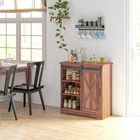 Farmhouse Coffee Bar Cabinet, 33" Buffet Sideboard with Sliding Barn Door and Adjustable Shelf, Kitchen Buffet Cabinet, Brown
