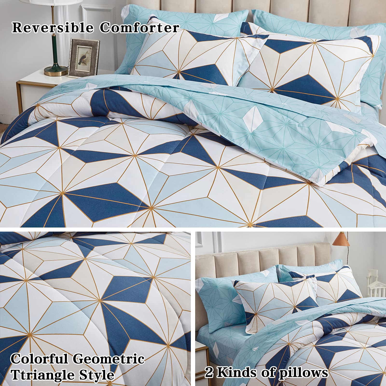 Flysheep Bed in a Bag 7 Pieces Queen Size, Navy Blue Triangles Geometric Pattern Printed Microfiber Comforter Sheet Set (1 Comforter, 1 Flat Sheet, 1 Fitted Sheet, 2 Pillow Shams, 2 Pillowcases)