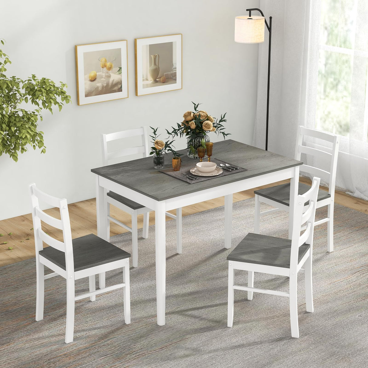 Tangkula Dining Table Set for 4, Solid Wood, Farmhouse Dinette Set w/Rubber Wood Legs, Modern Dining Table and Chairs Set for Kitchen, Dining Room (Grey+White)