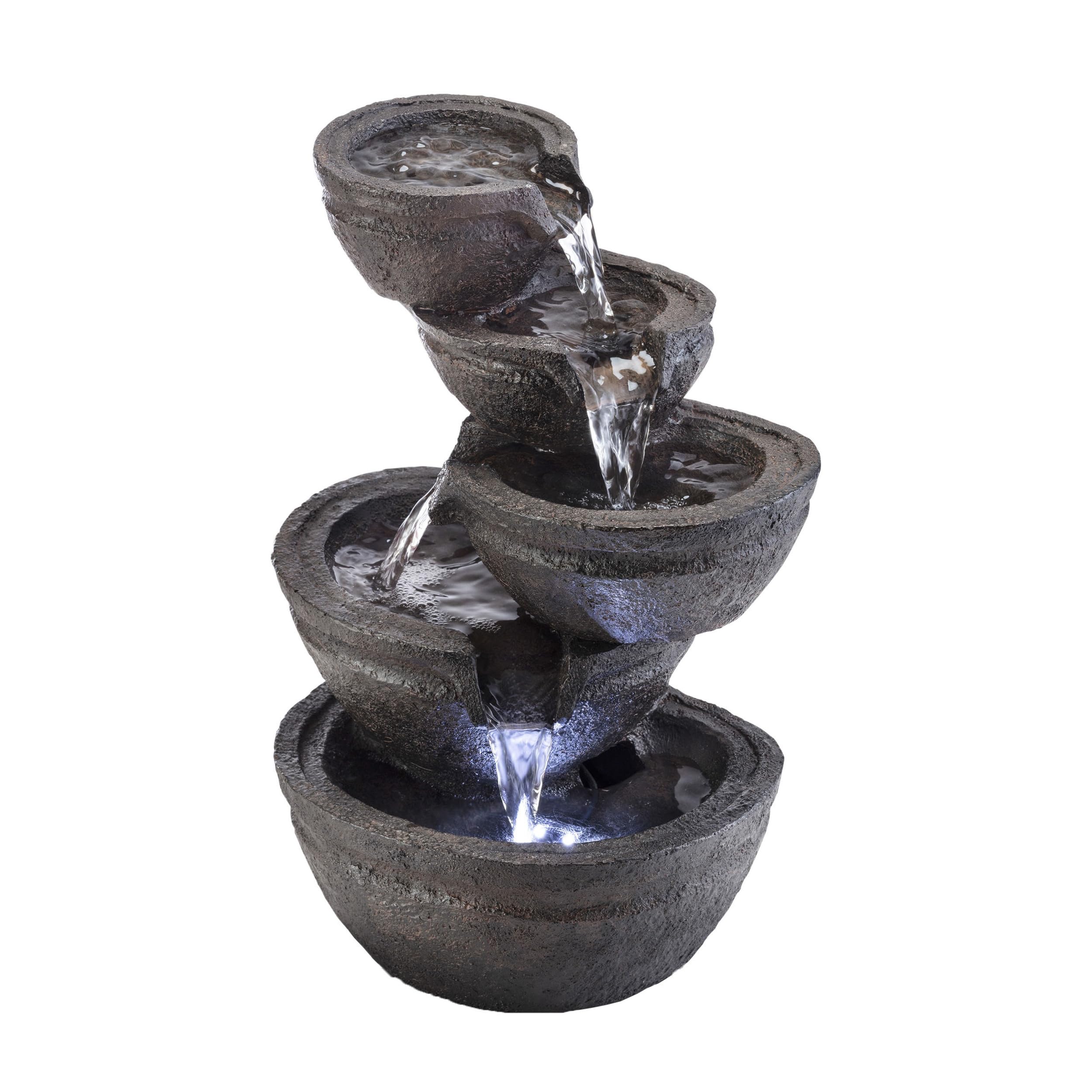 WIN1138 13" Indoor Tabletop Tiering Bowls Water Fountain with LED Lights – Cascading Water Feature for Home