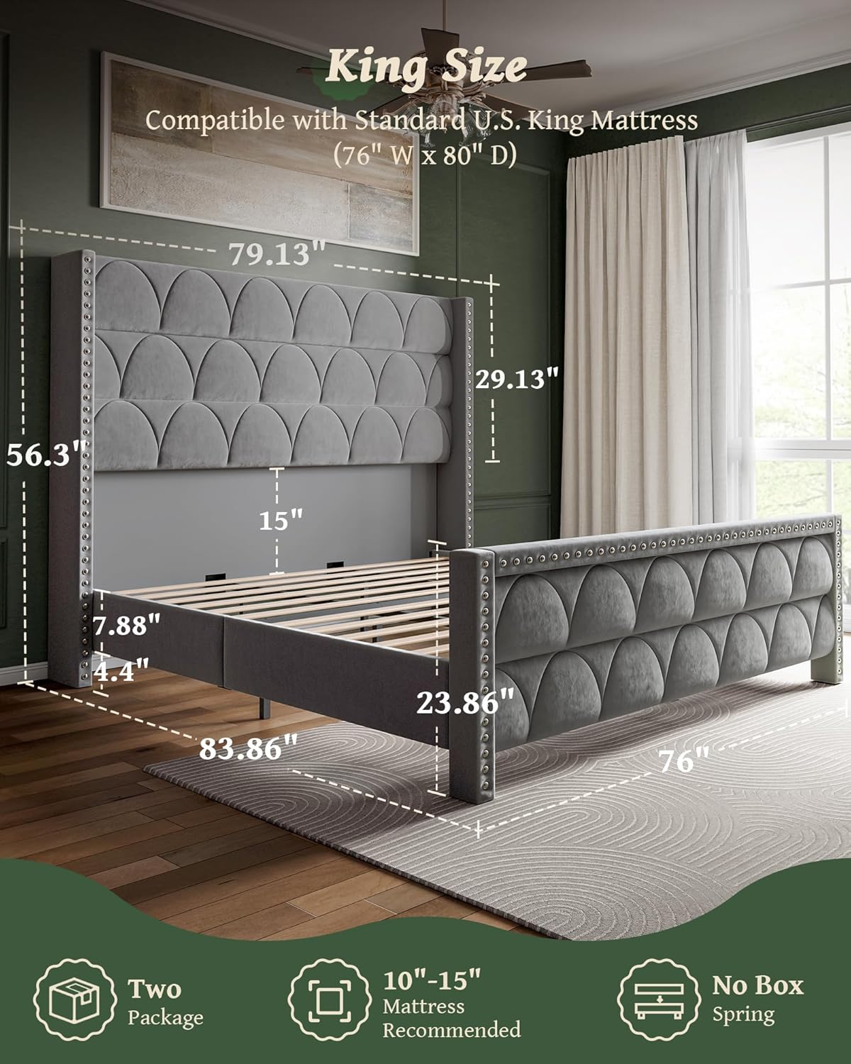 King Size Velvet Platform Bed Frame with 56" Wingback Headboard