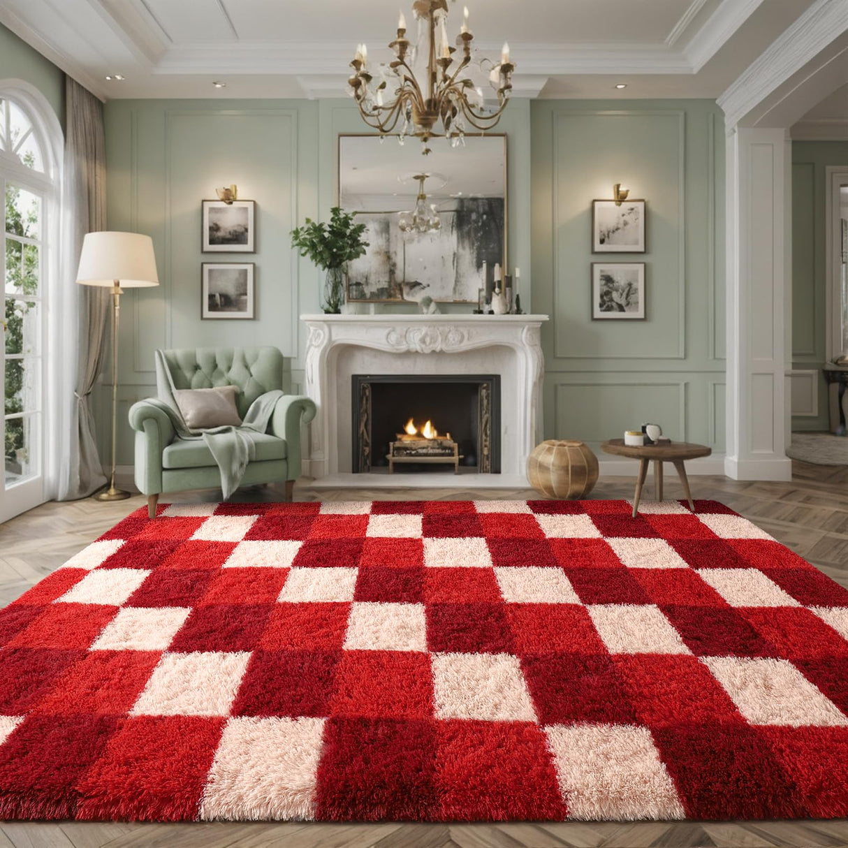 Luxury Fluffy Plaid Rugs for Bedroom Living Room, 4x6 Feet Burgundy Checkerboard Area Rug,