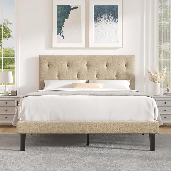 Queen Size Platform Bed Frame with Fabric Headboard, Strong Wooden Slats,