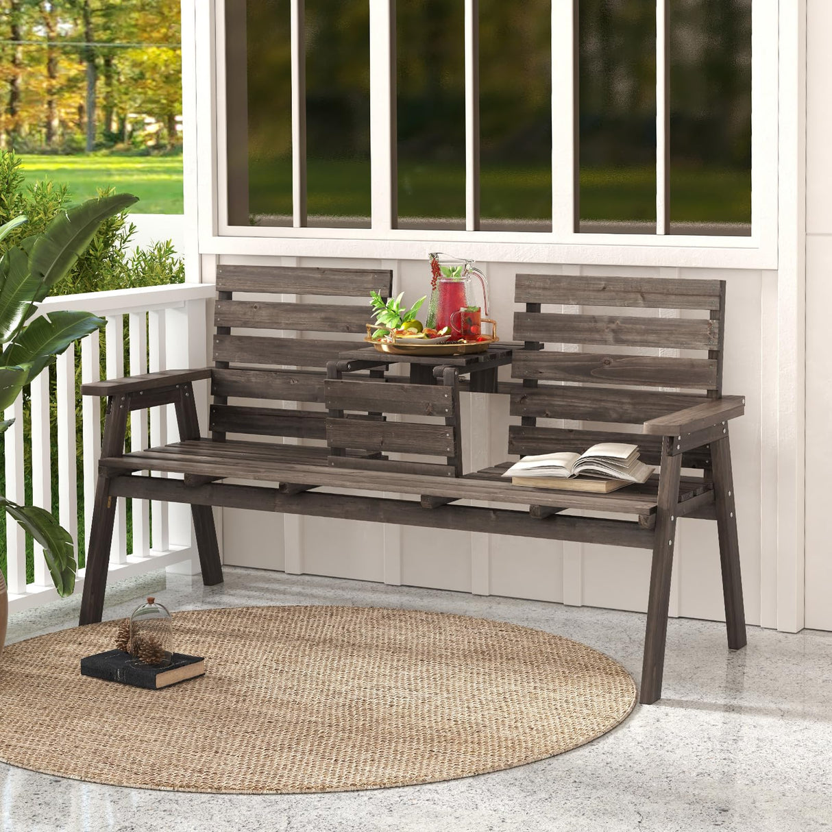 Outdoor Fir Wood Bench with Foldable Middle Table, 2-3 Person Garden Bench
