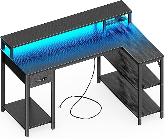 47 inch Reversible L Shaped Desk with LED Lights & Power Outlets