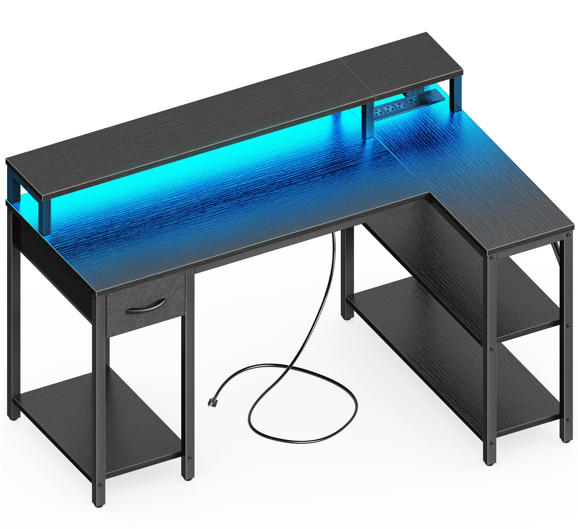 47 inch Reversible L Shaped Desk with LED Lights & Power Outlets
