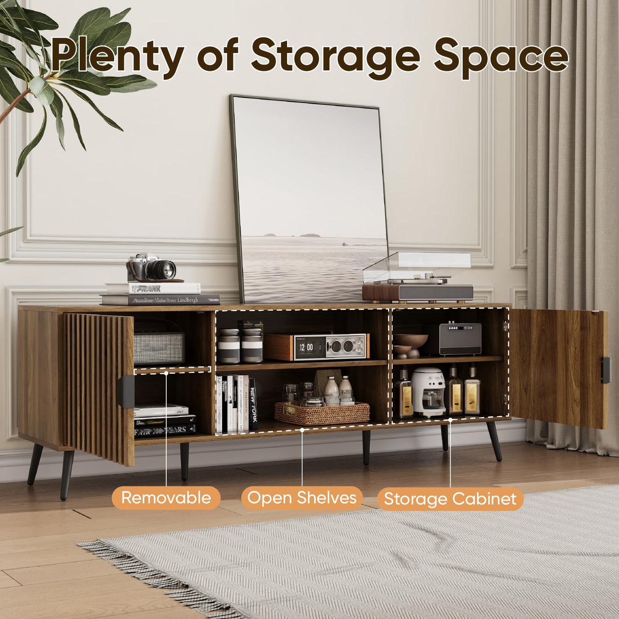 63" Walnut Fluted TV Stand with Storage Cabinets