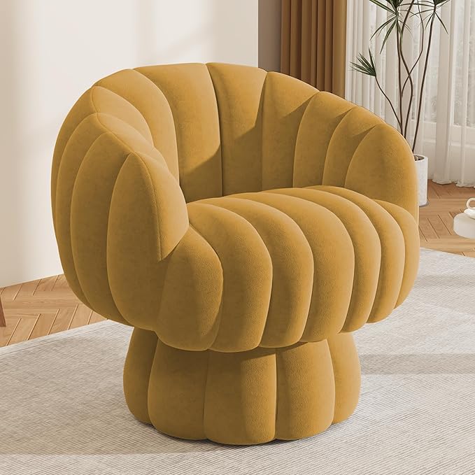 Mid Century Modern 360 Degree Barrel Swivel Accent Sofa Chair,Fluffy Velvet Fabric Lounge Wide Upholstered Pumpkin Reading Chair, Round Cloud Armchair for Living Room,Bedroom,Vanity(Black)