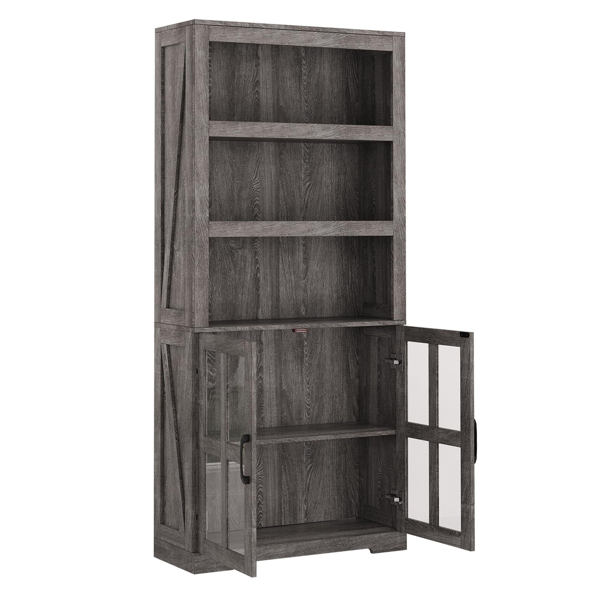 Bookshelf with Cabinet, 68.9'' Book Shelf with Door 5 Tier Farmhouse Bookshelf with Glass Window, Wood Bookcase Bookshelves Kitchen Pantry for Living Room Home Office Kitchen (Oak)