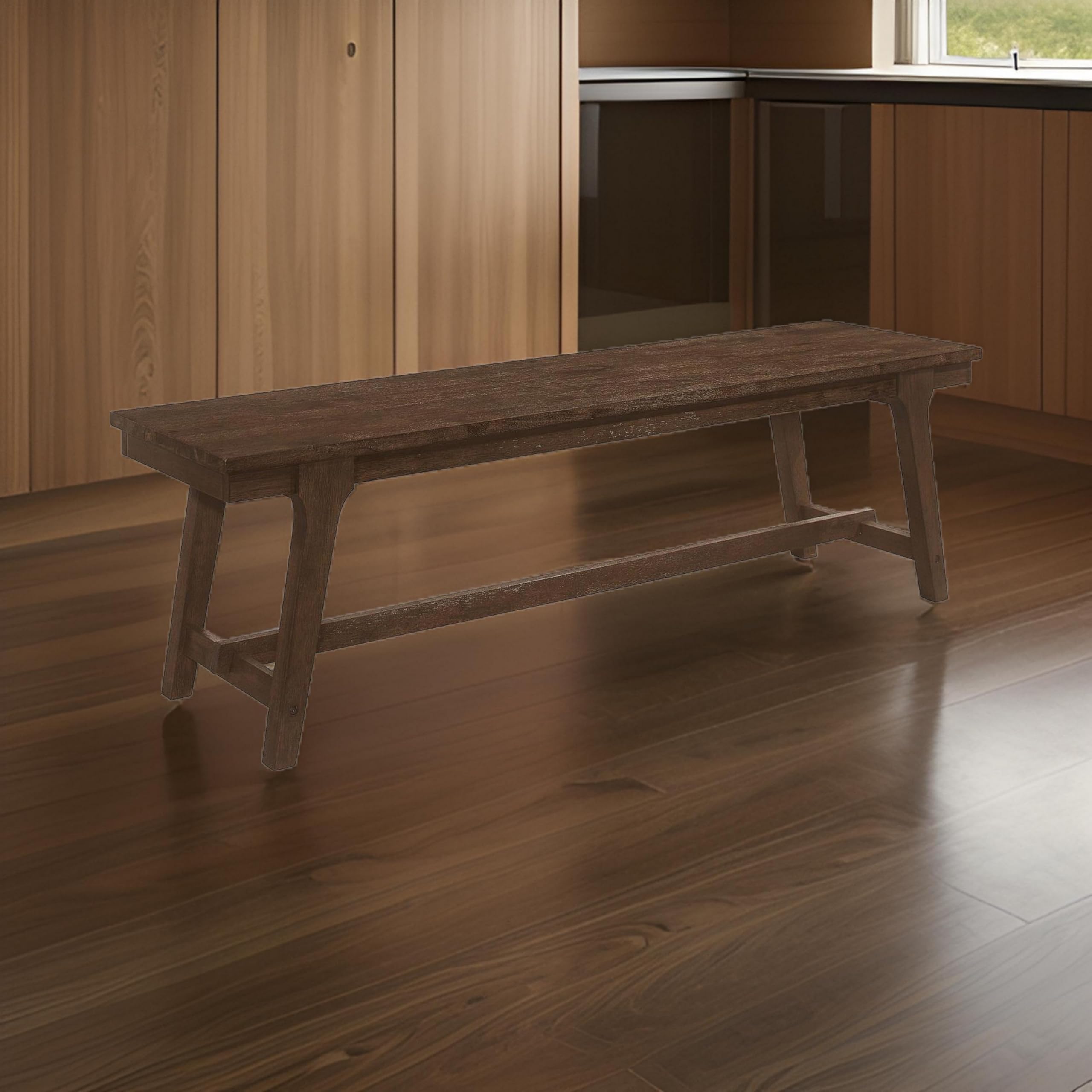 Wire Brushed Asian Hardwood Angled Block Legs Bench Brown