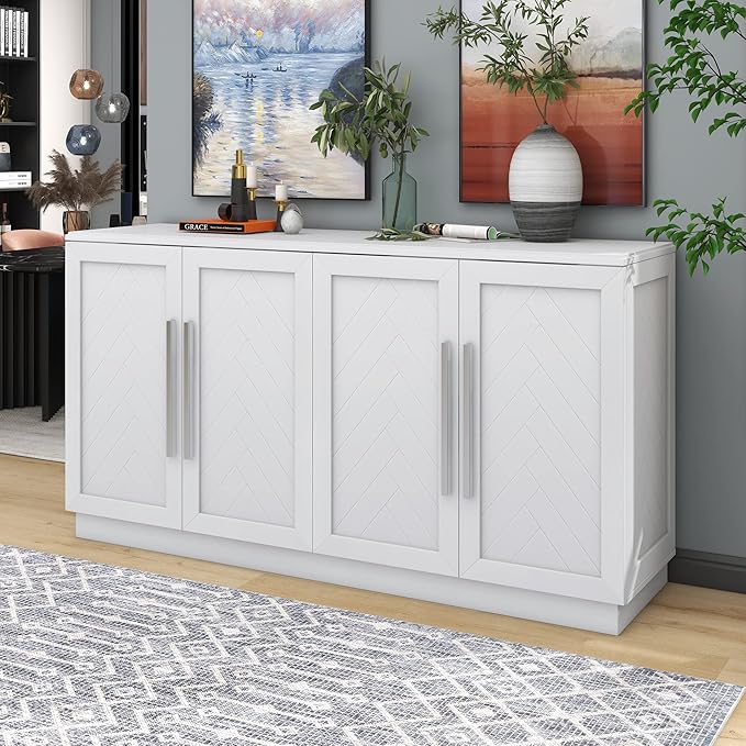 Storage Sidboard Cabinet with 4 Doors, Adjustable Shelves and Silver Handles