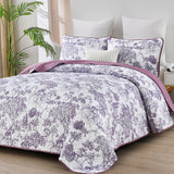 Botanical Quilt Set Queen Size, Purple 3 Pieces Floral Plants Printed