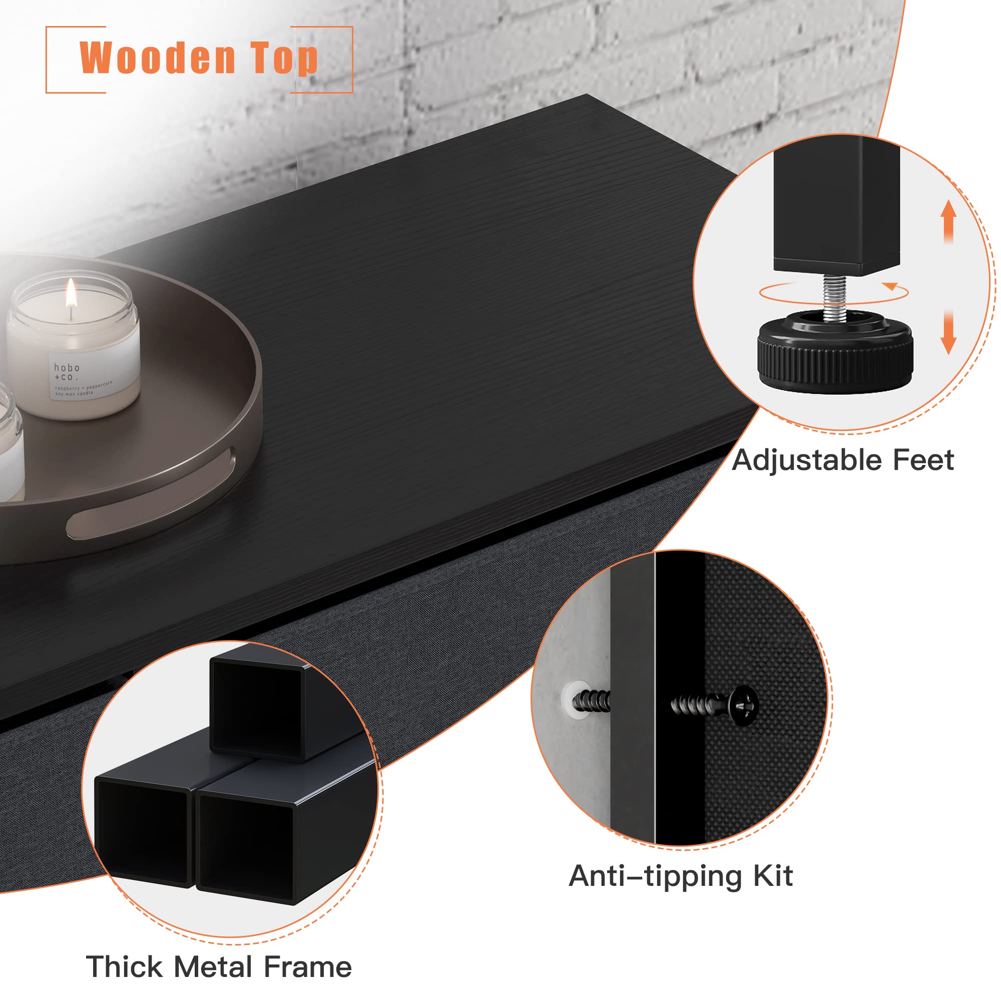 Dresser for Bedroom Tall Dresser with 12 Drawers Wooden Top and Metal Frame Black