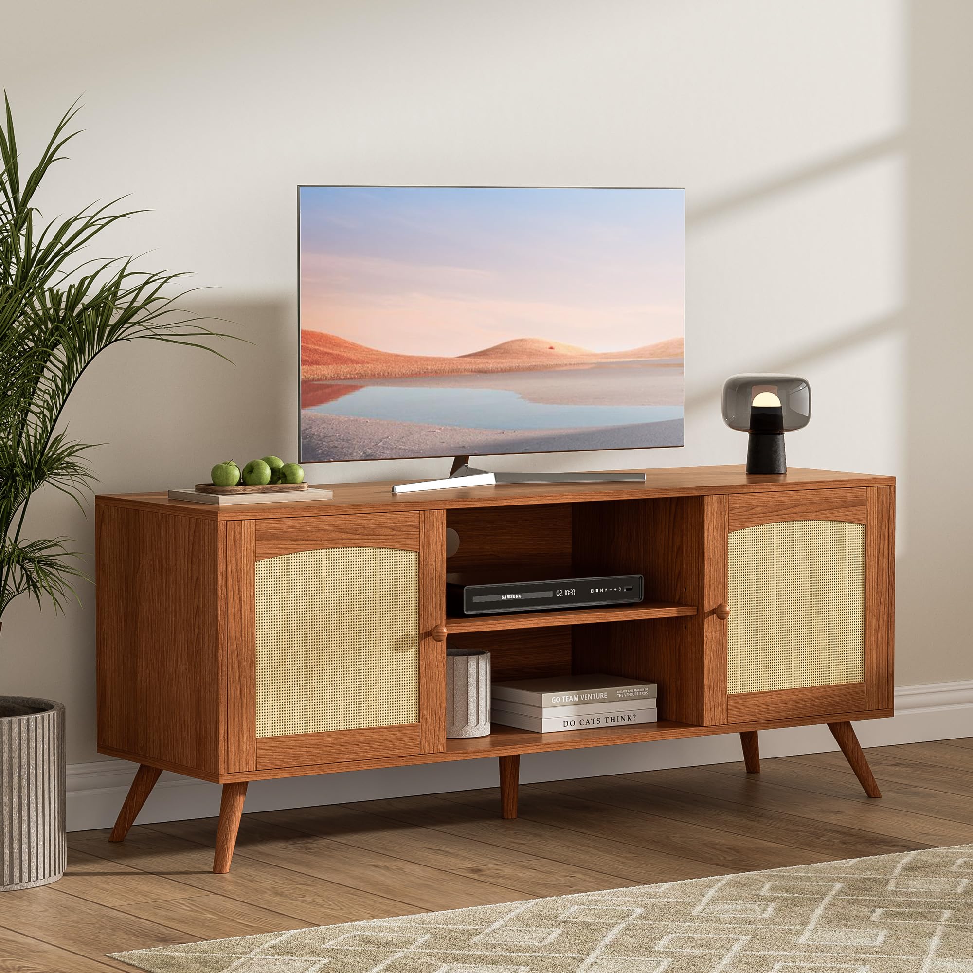 Brown Rattan TV Stand for 60 Inch TV, Wooden Mid Century Modern Entertainment Center