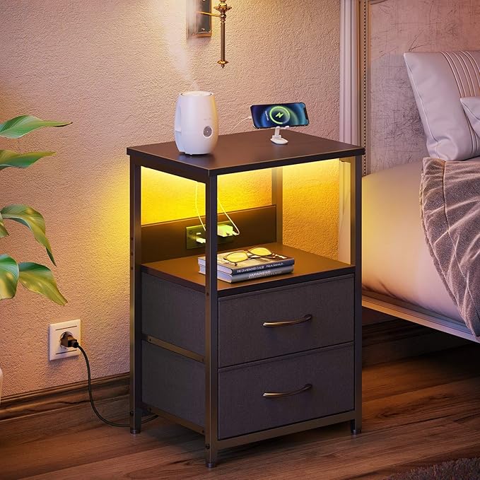 Nightstand Set of 1/2 with Charging Station, Bedside Table with LED Lights, Night Stand