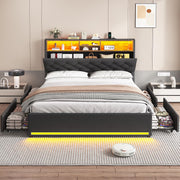 Queen Bed Frame with Hidden Storage Headboard and 4 Drawers