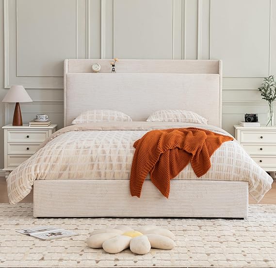 Queen Bed Frame with Storage Drawers - Upholstered Headboard