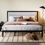 King Size Platform Bed Frame with Minimalist Upholstered Headboard, Metal Structure,