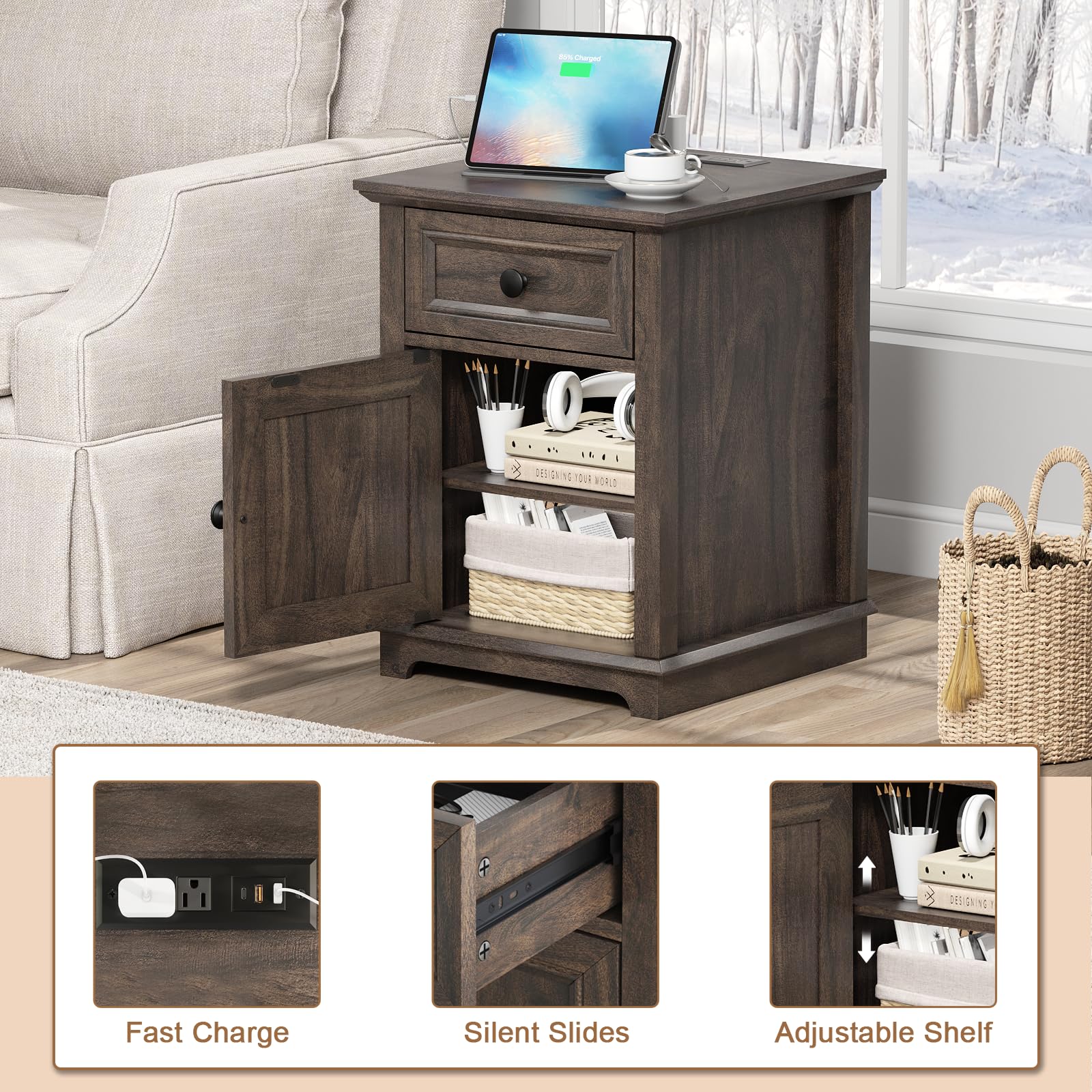 REDAYFUR 24" End Table with Fast Charging Station, Side Table with Drawer, Adjustable Shelf & Large Storage Cabinet, Vintage Wooden Nightstand for Living Room/Bedroom, Rustic Brown