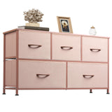 WLIVE Dresser for Bedroom with 5 Drawers, Wide Chest of Drawers, Fabric Dresser, Storage Organization Unit with Fabric Bins for Closet, Living Room, Hallway, Pink and Rose Gold