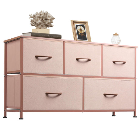 WLIVE Dresser for Bedroom with 5 Drawers, Wide Chest of Drawers, Fabric Dresser, Storage Organization Unit with Fabric Bins for Closet, Living Room, Hallway, Pink and Rose Gold