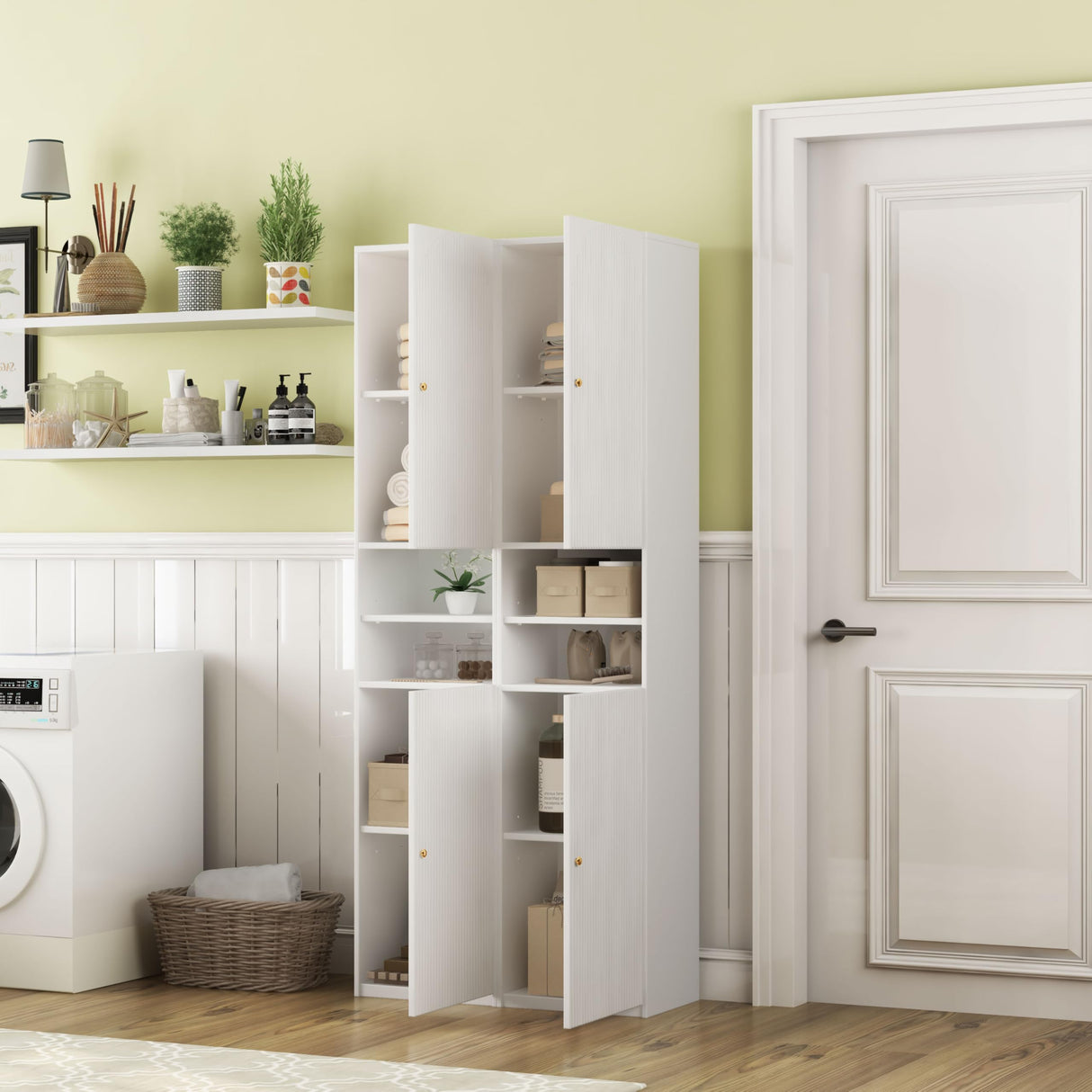 Bathroom Storage Cabinet, 2 Door Tall Slim Storage Cabinet with Open Storage Shelves,