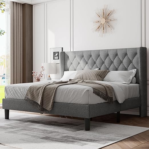 King Size Bed Frame with Wingback, Upholstered Platform Bed with Diamond Tufted