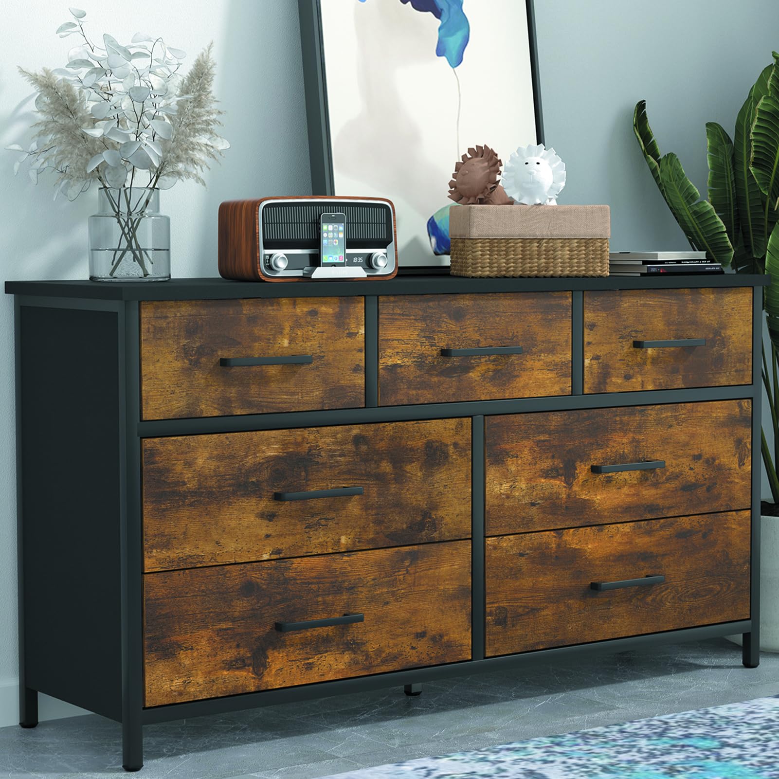 7 Drawer Wood Dresser, Industrial Wood Storage Dresser Clothes Organizer