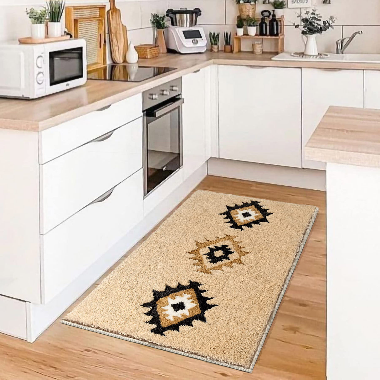 Boho Bathroom Rugs Cream Beige Bath Mat Non Slip Moroccan Geometric