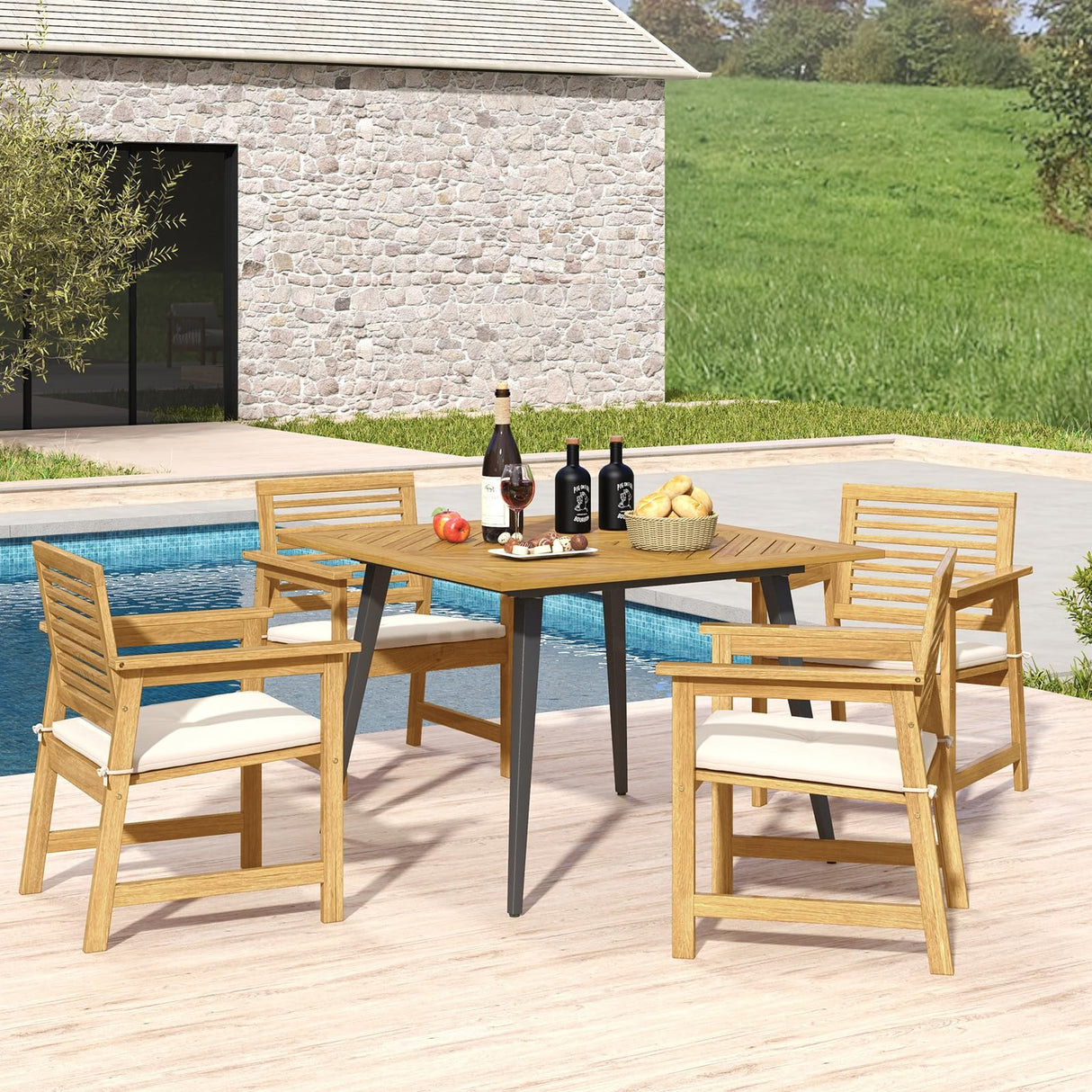 4-Person Outdoor Dining Table, 42.5” Acacia Wood Patio Table with 1.9” Umbrella Hole